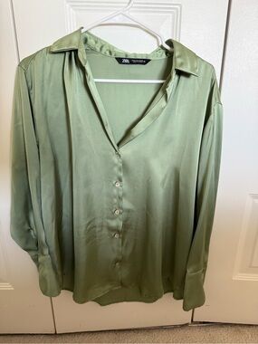 Zara Light Sage Satin Button-Down Shirt